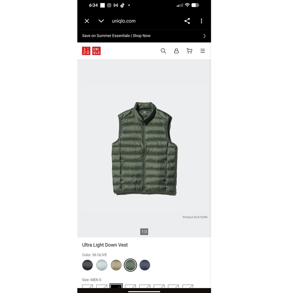 Uniqlo Ultra Light Down Vest Mens Large Dark Olive Green Puffer Full Zip